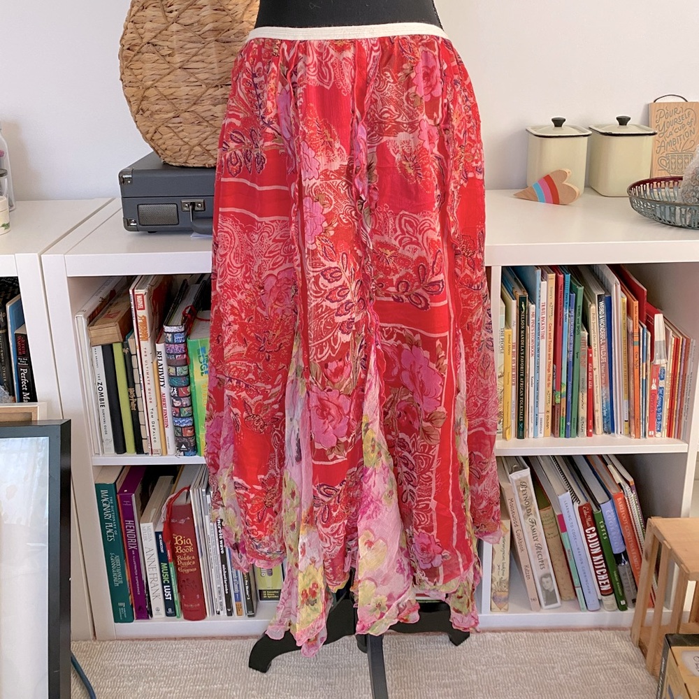 Flowy midi skirt, apx M/L, elastic waistband. vibrant floral patchwork fabric.